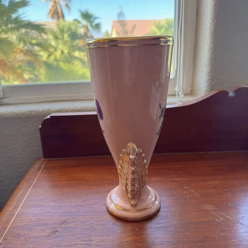 Vintage Art Deco Vase Pink Flowers Gold Trim
